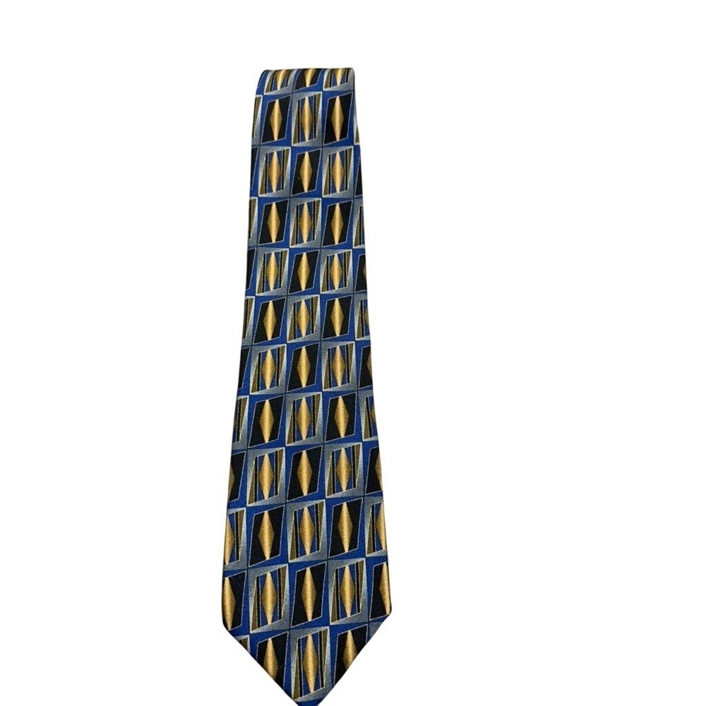 Chez Roffe New York Mens Silk Tie Blue Gold Geometric Diamond Pattern Wide 4in